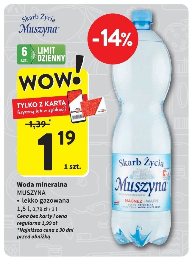 Woda lekko gazowana Muszyna skarb życia promocja w Intermarche