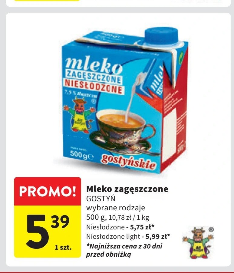 Mleko zagęszczone niesłodzone Gostyń promocja w Intermarche