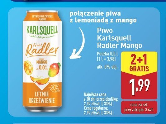 Piwo mango Karlsquell radler promocja w Aldi