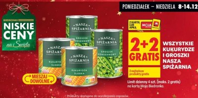 Kukurydza wszystkie rodzaje 2+2 GRATIS promocja w Biedronka