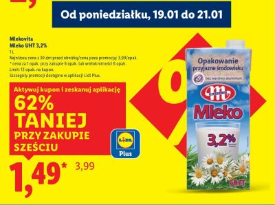 Mleko Mlekovita UHT 3,2% promocja w Lidl