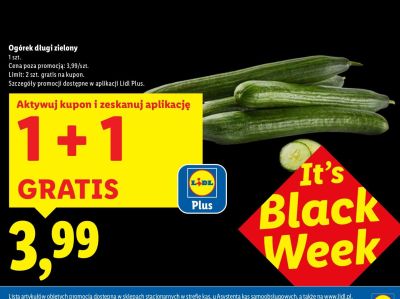 Ogórek długi zielony 1+1 GRATIS promocja w Lidl