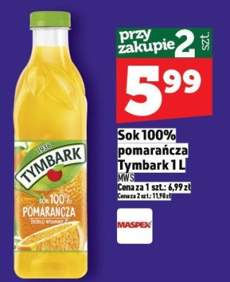 Sok 100% pomarańcza Tymbark 1 L promocja w TOPAZ
