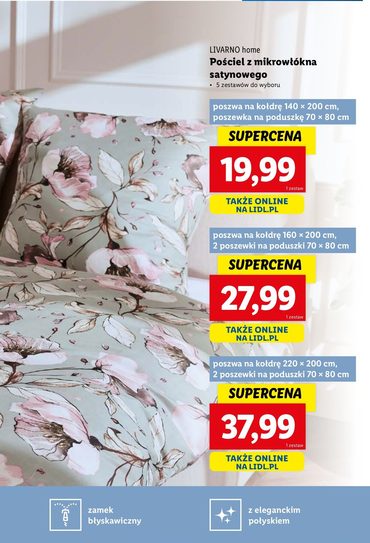 Pościel z mikrowłókna satynowego 220 x 200 cm + 2 x 70 x 80 cm LIVARNO HOME promocja w Lidl