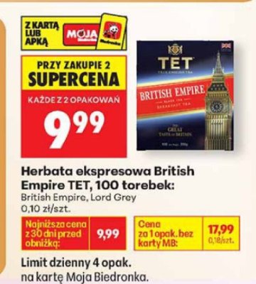 Herbata ekspresowa British Empire TET, 100 torebek: British Empire, Lord Grey promocja w Biedronka