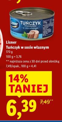 Tuńczyk Lisner Tuńczyk w sosie własnym promocja w Lidl
