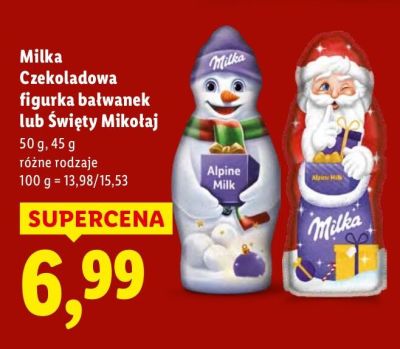 Czekolada Milka Czekoladowa figurka bałwanek lub Święty Mikołaj promocja w Lidl