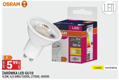Żarówka LED GU10 OSRAM 4,5W, 4,5 kWh/1000h, 2700K, 4000K promocja w Merkury Market