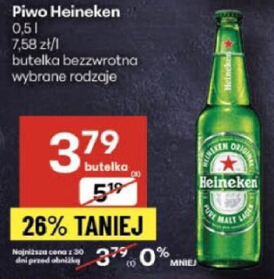 Piwo Heineken 0,5 l butelka bezzwrotna wybrane rodzaje promocja w Delikatesy Centrum