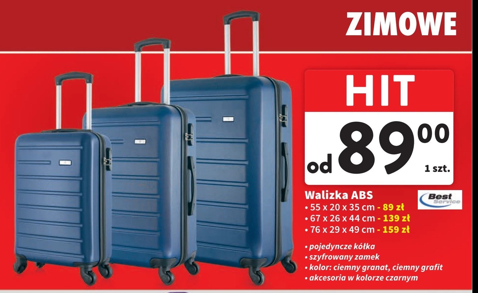 Walizka abs 55 x 23 x 36 cm grafit Best service promocja w Intermarche