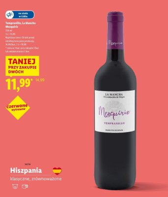 Wino Tempranillo La Mancha Mezquiriz czerwone wytrawne promocja w Lidl
