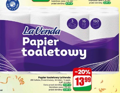 Papier toaletowy 3-warstwowy, 16 rolek promocja w Dino