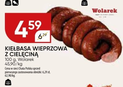 Kiełbasa wieprzowa z cielęciną Wolarek promocja w Chata Polska