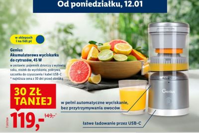 Wyciskarka do cytrusów Akumulatorowa, 45 W Genius promocja w Lidl