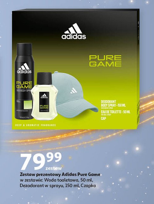 Zestaw w pudełku pure game dezodorant 150 ml + woda po goleniu 50 ml + czapka Adidas zestawy Adidas cosmetics promocja w Auchan