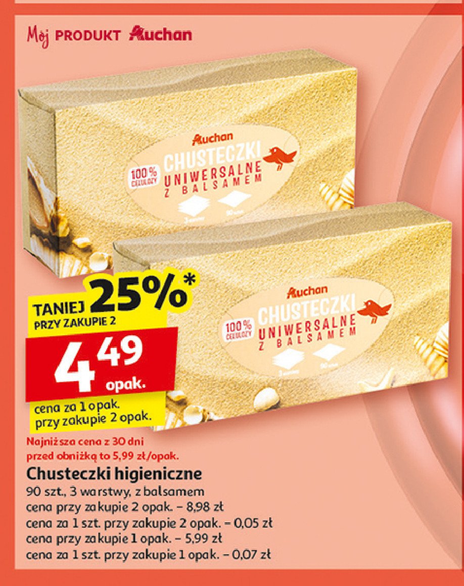 Chusteczki higieniczne 3-warstwowe z balsamem Auchan promocja