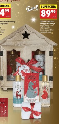 Zestaw kosmetyków Happy Holidays: żel pod prysznic, sól do kąpieli, balsam do ciała, ręczniczek do twarzy promocja w Biedronka
