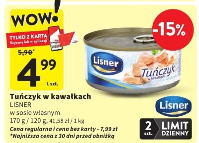 Tuńczyk w kawałkach LISNER w sosie własnym promocja w Intermarche