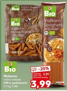Makaron pełnoziarnisty spaghetti K-classic bio promocja w Kaufland