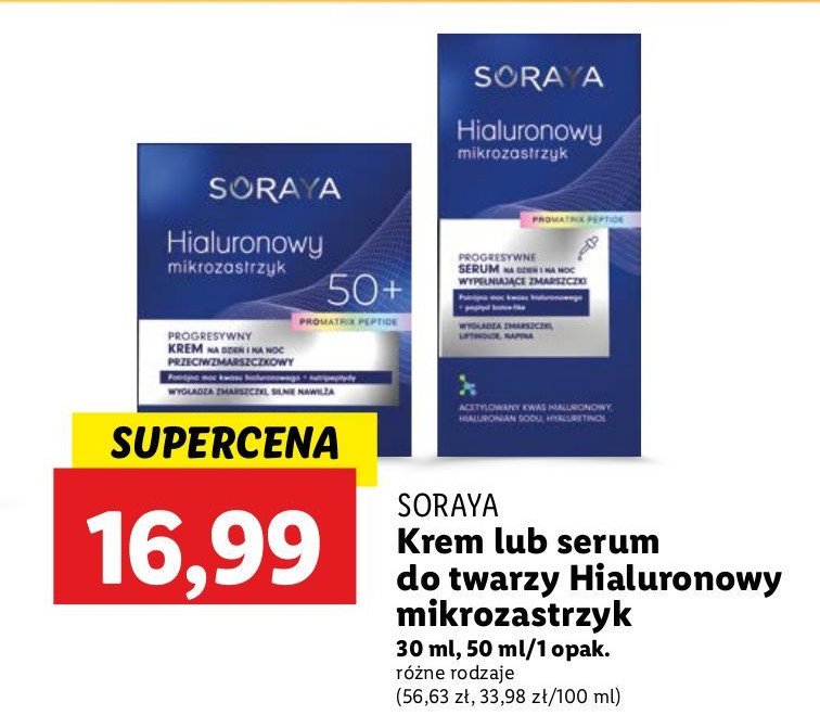 Progresywny krem na dzień i na noc naprawczy 50+ SORAYA HIALURONOWY MIKROZASTRZYK promocja w Lidl