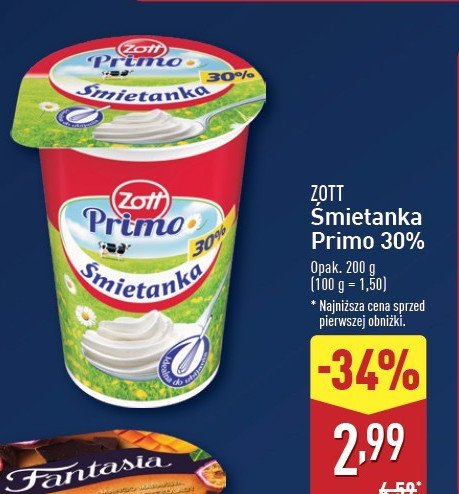 Śmietanka 30 % Zott primo promocja w Aldi