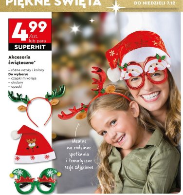 Akcesoria świąteczne - czapki mikołaja, okulary, opaski promocja w Biedronka