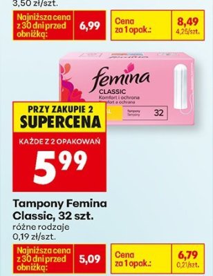 Tampony Femina Classic 32 szt. różne rodzaje promocja w Biedronka