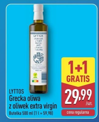 Grecka oliwa z oliwek extra virgin Lyttos 1+1 gratis promocja w Aldi