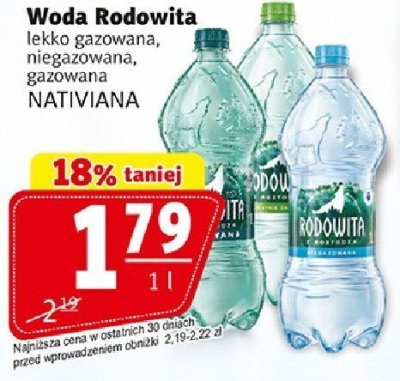 Woda Rodowita lekko gazowana, niegazowana, gazowana Nativiana 1,5l promocja w Prim Market