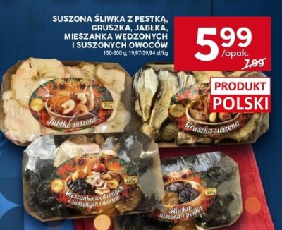 Suszona śliwka z pestką, gruszka, jabłka, mieszanka wędzonych i suszonych owoców promocja w Stokrotka