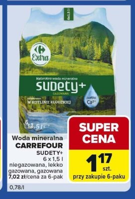 Woda mineralna Carrefour Sudety+ niegazowana, lekko gazowana, gazowana 6 x 1,5l promocja w Carrefour Express