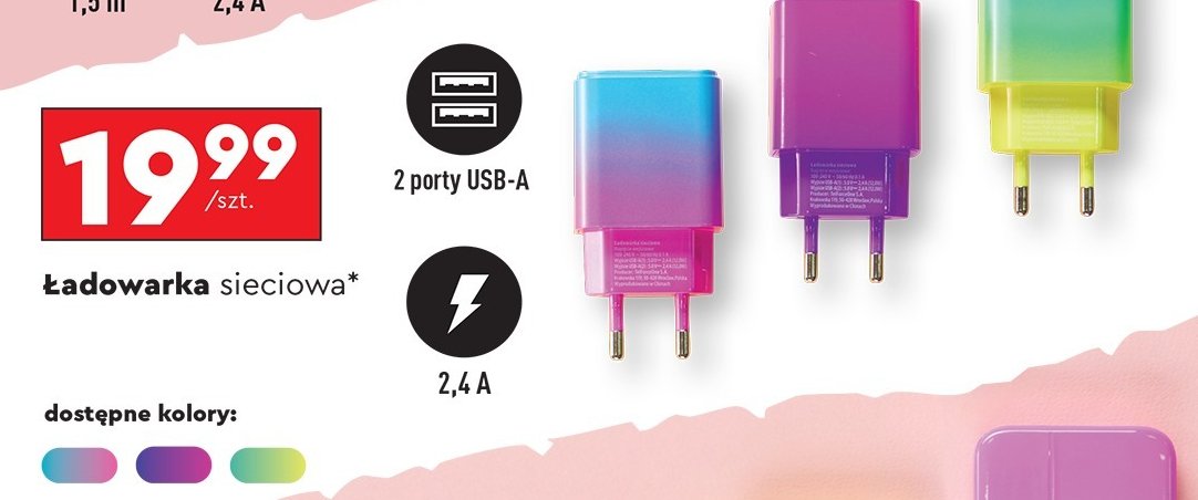 Ładowarka sieciowa 2 x usb Setty promocja w Biedronka