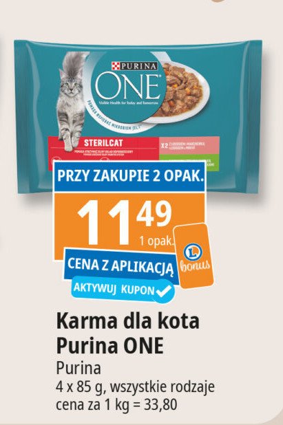 Karma dla kota sterilcat łosoś z marchewką + indyk z fasolą Purina one promocja w Leclerc