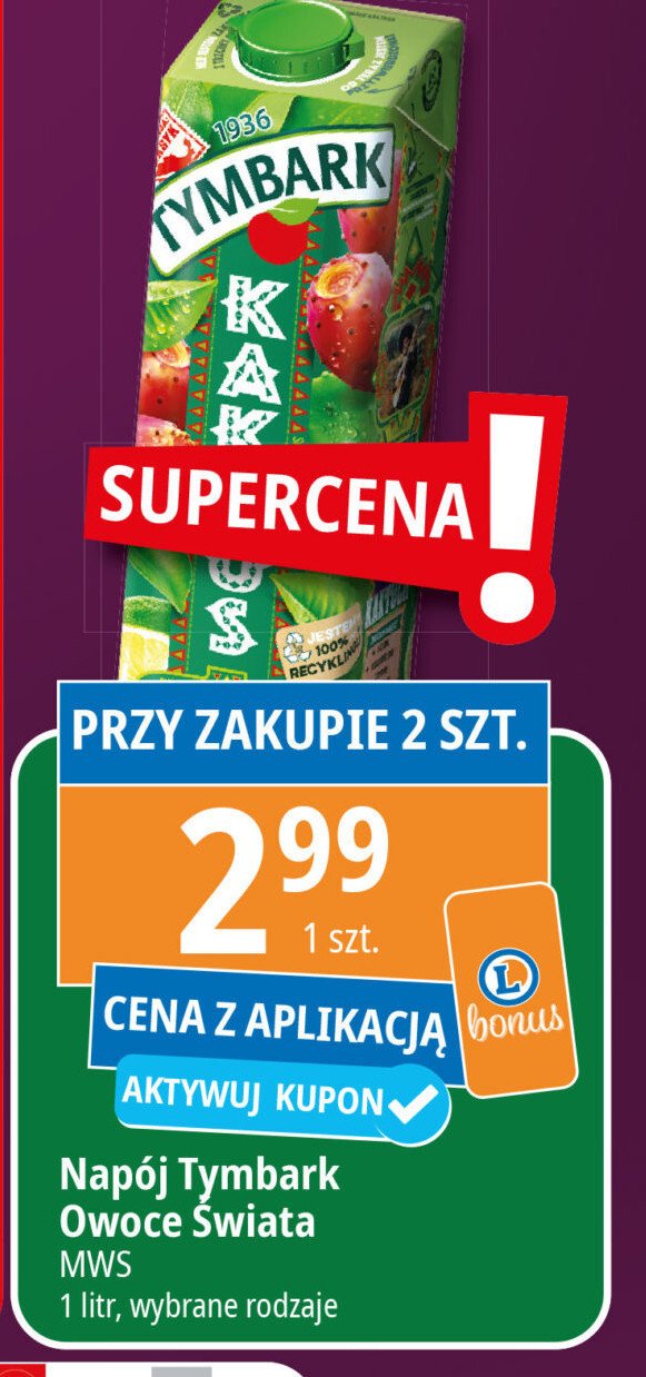 Napój kaktus Tymbark owoce świata promocja w Leclerc