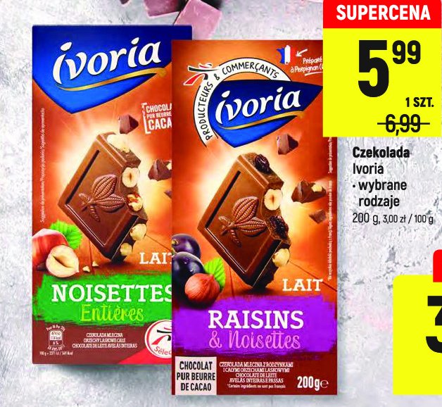 Czekolada mleczna z orzechami i rodzynkami Ivoria promocja