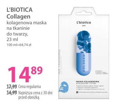 Kolagenowa maska na tkaninie L'BIOTICA Collagen promocja w Hebe