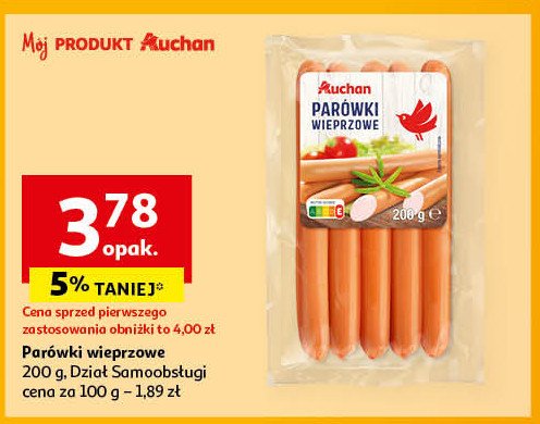 Parówki wieprzowe Auchan różnorodne (logo czerwone) promocja