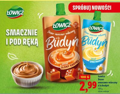 Deser owocowo-mleczny à la budyń Łowicz smak słony karmel promocja w Lidl