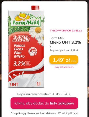 Mleko Farm Milk Mleko UHT 3,2% promocja w Stokrotka