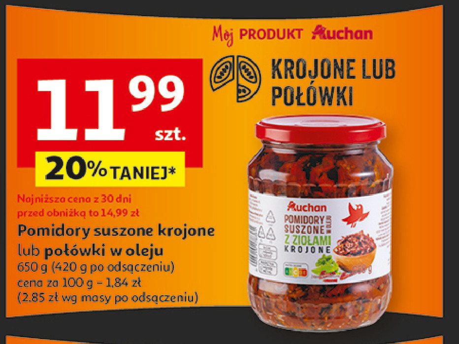 Pomidory suszone w oleju z ziołami krojone Auchan różnorodne (logo czerwone) promocja