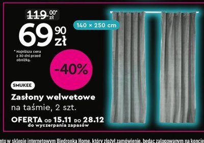 Zasłony welwetowe na taśmie 2 szt., 140 × 250 cm promocja w Biedronka