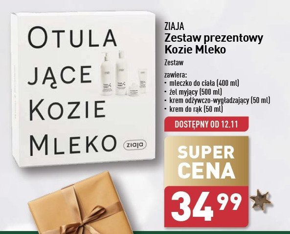 Zestaw w pudełku kozie mleko: kremowy żel pod prysznic 500 ml + mleczko do skóry normalnej i suchej 500 ml + krem wygładzający 50 ml + krem do rąk 50 ml Ziaja zestaw promocja