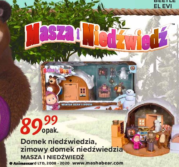 Zimowy domek niedźwiedzia masza i niedźwiedź promocja