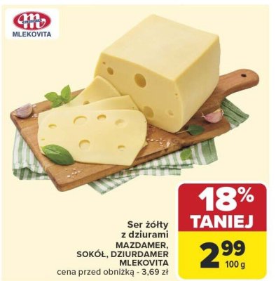 Ser żółty z dziurami MAZDAMER, SOKOL, DZIURDAMER MLEKPOL promocja w Carrefour