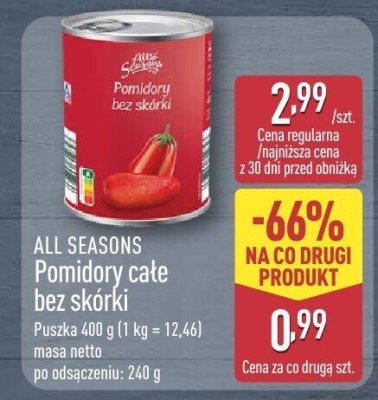 Pomidory całe bez skórki ALL SEASONS promocja w Aldi
