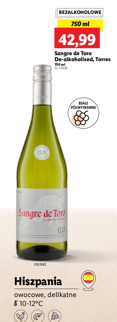 Wino SANGRE DE TORO 0.0% BLANCO promocja w Lidl