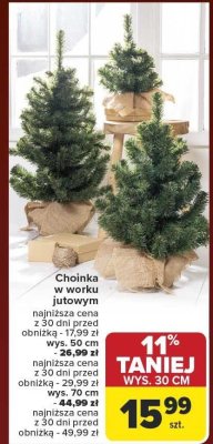 Choinka w worku jutowym najniższa cena z 30 dni przed obniżką - 17,99 zł wys. 50 cm promocja w Carrefour