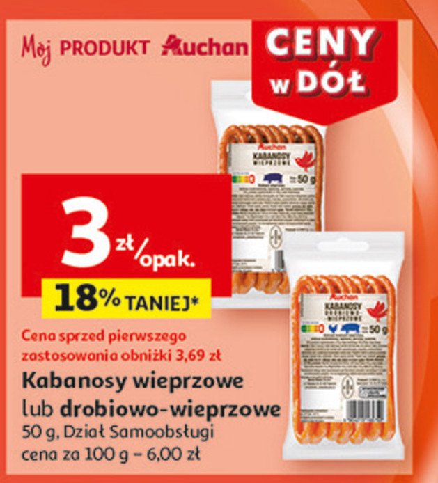 Kabanosy drobiowo-wieprzowe Auchan różnorodne (logo czerwone) promocja w Auchan