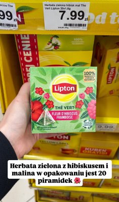 Herbata zielona z hibiskusem i maliną Lipton 20x1,6g promocja w Dino