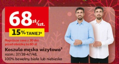 Koszula męska wizytowa 100% bawełny, biała lub niebieska promocja w Auchan